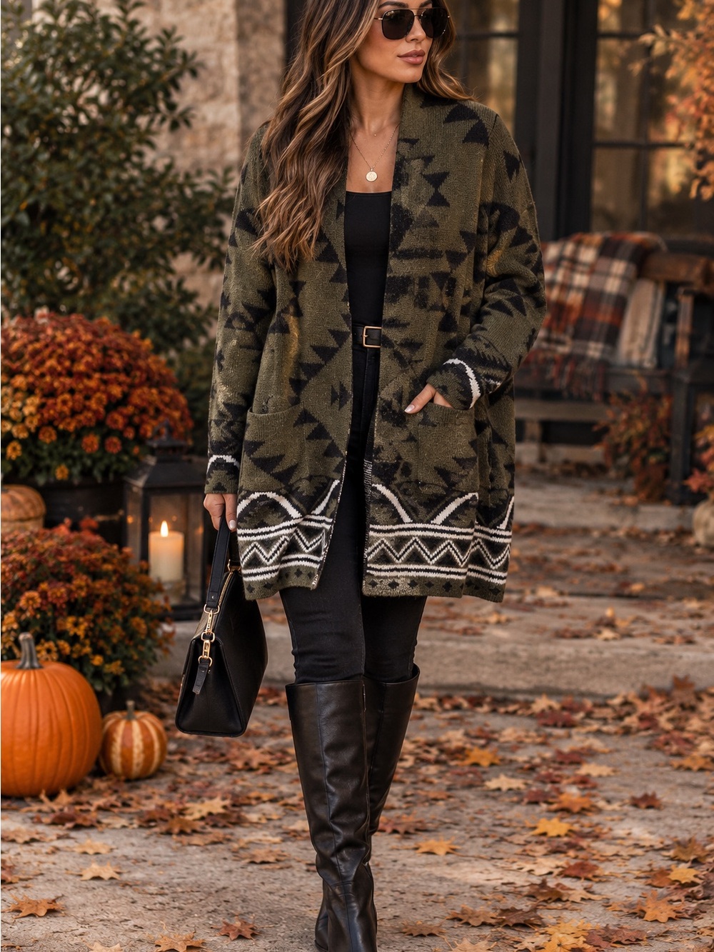 Frye Olive Aztec Open-Front Cardigan Sweater fall winter